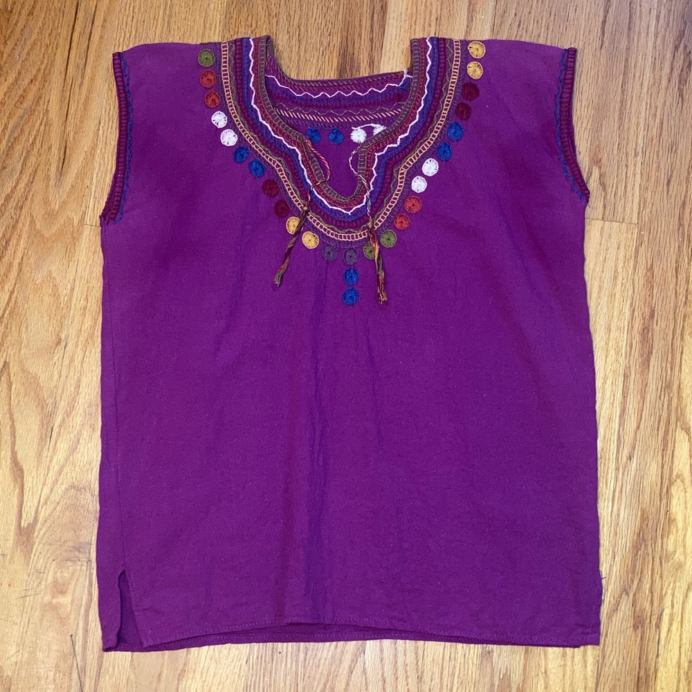 Fuschia Pink Mexican Embroidered Sleeveless Blouse - Handmade in Oaxaca - Size M